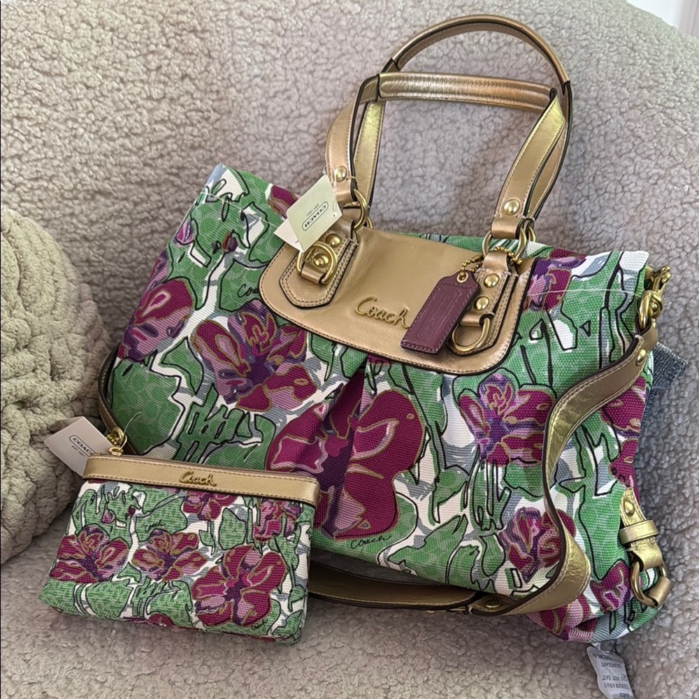Coach Gold and Pink Floral Tote Bag Set